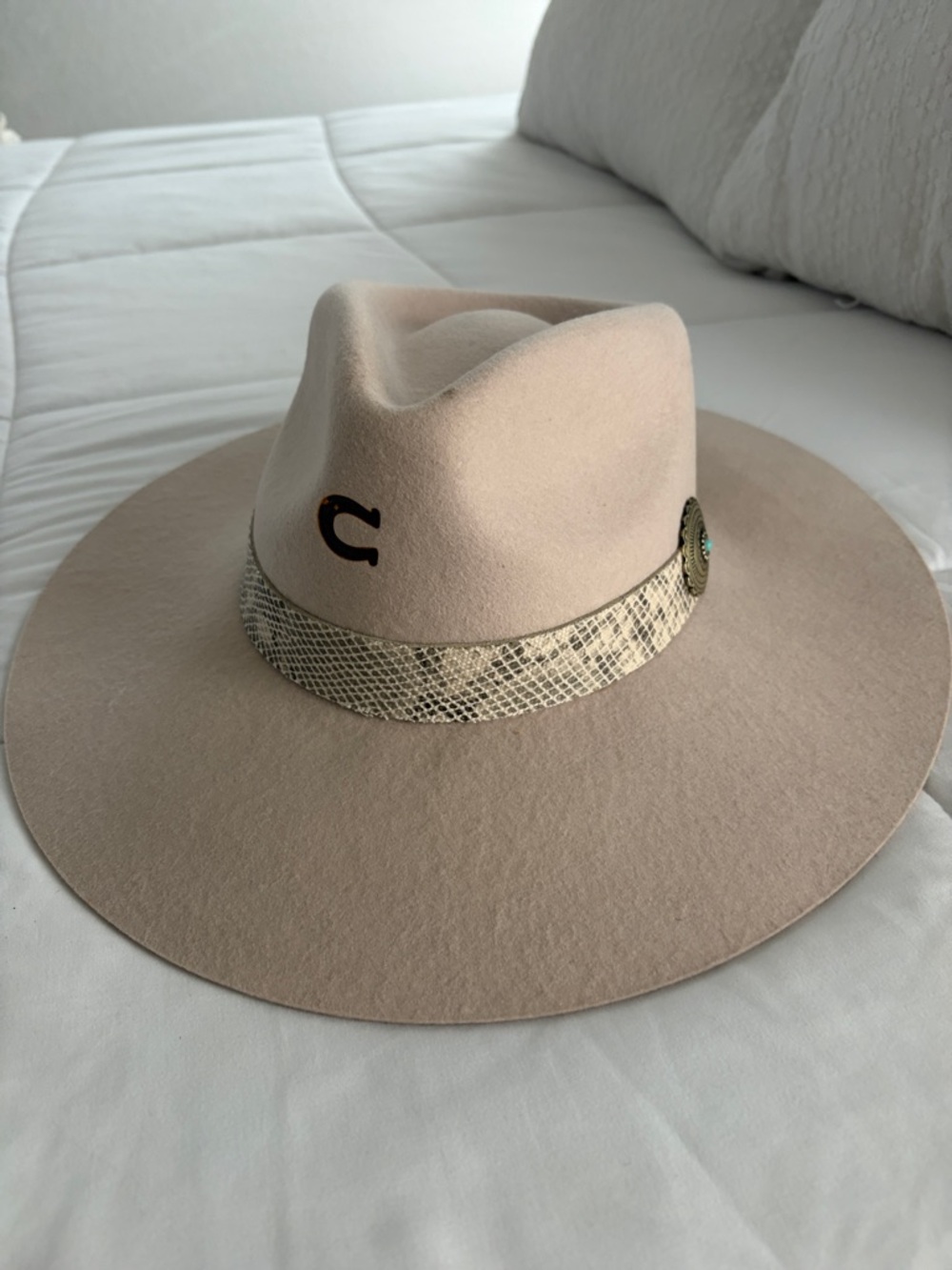 Wide Brim Wool Felt Fedora Hat in Beige with Snake-Print Band